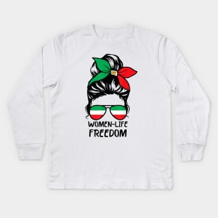 Women Life Freedom Zan Zendegi Azadi Messy Bun Iran Lion Kids Long Sleeve T-Shirt